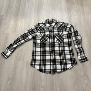 Lauren Ralph Lauren Women Shirt Plaid Western Snap Button Down Black Yellow Sz L